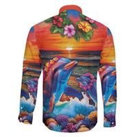 Hawaiian Lei Day Family Matching Off The Shoulder Long Sleeve Dress and Hawaiian Shirt Dolphins with Colorful Corals and Romantic Sunset