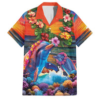 Hawaiian Lei Day Family Matching Tank Maxi Dress and Hawaiian Shirt Dolphins with Colorful Corals and Romantic Sunset