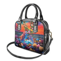 Hawaiian Lei Day Shoulder Handbag Dolphins with Colorful Corals and Romantic Sunset