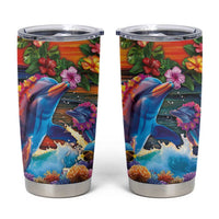Hawaiian Lei Day Tumbler Cup Dolphins with Colorful Corals and Romantic Sunset