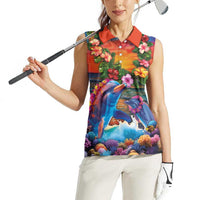 Hawaiian Lei Day Women Sleeveless Polo Shirt Dolphins with Colorful Corals and Romantic Sunset