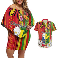Personalised Hawaii and Philippines Together Couples Matching Off Shoulder Short Dress and Hawaiian Shirt The Emblems with Cultural Symbols Green-Yellow-Red Tricolor
