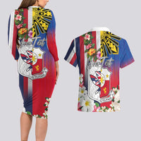 Personalised Hawaii and Philippines Together Couples Matching Long Sleeve Bodycon Dress and Hawaiian Shirt The Emblems with Cultural Symbols Blue-White-Red Tricolor