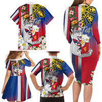 Personalised Hawaii and Philippines Together Family Matching Long Sleeve Bodycon Dress and Hawaiian Shirt The Emblems with Cultural Symbols Blue-White-Red Tricolor