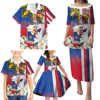 Personalised Hawaii and Philippines Together Family Matching Puletasi and Hawaiian Shirt The Emblems with Cultural Symbols Blue-White-Red Tricolor