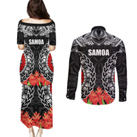 Samoa Siapo Ula Fala Couples Matching Puletasi and Long Sleeve Button Shirt With Ginger Plant Black Color LT03 - Polynesian Pride