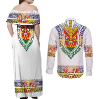 Haiti Flag Traditional Dashiki Couples Matching Off Shoulder Maxi Dress and Long Sleeve Button Shirt White Color - Polynesian Pride