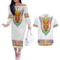 Haiti Flag Traditional Dashiki Couples Matching Off The Shoulder Long Sleeve Dress and Hawaiian Shirt White Color - Polynesian Pride