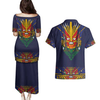 Haiti Flag Traditional Dashiki Couples Matching Puletasi and Hawaiian Shirt Black Color - Polynesian Pride