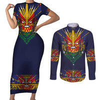 Haiti Flag Traditional Dashiki Couples Matching Short Sleeve Bodycon Dress and Long Sleeve Button Shirt Black Color - Polynesian Pride