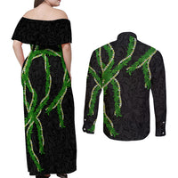 Hawaii Maile Lei Couples Matching Off Shoulder Maxi Dress and Long Sleeve Button Shirt Aloha Black Color