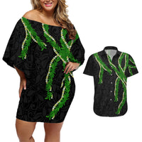 Hawaii Maile Lei Couples Matching Off Shoulder Short Dress and Hawaiian Shirt Aloha Black Color LT03 Black - Polynesian Pride
