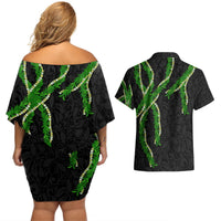 Hawaii Maile Lei Couples Matching Off Shoulder Short Dress and Hawaiian Shirt Aloha Black Color LT03 - Polynesian Pride