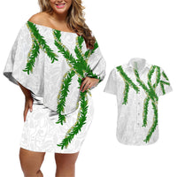 Hawaii Maile Lei Couples Matching Off Shoulder Short Dress and Hawaiian Shirt Aloha White Color LT03 White - Polynesian Pride