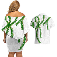 Hawaii Maile Lei Couples Matching Off Shoulder Short Dress and Hawaiian Shirt Aloha White Color LT03 - Polynesian Pride