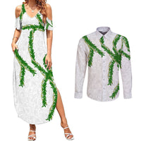 Hawaii Maile Lei Couples Matching Summer Maxi Dress and Long Sleeve Button Shirt Aloha White Color LT03 White - Polynesian Pride