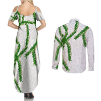 Hawaii Maile Lei Couples Matching Summer Maxi Dress and Long Sleeve Button Shirt Aloha White Color LT03 - Polynesian Pride