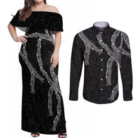 Hawaii Maile Lei Couples Matching Off Shoulder Maxi Dress and Long Sleeve Button Shirt Aloha Grayscale Color