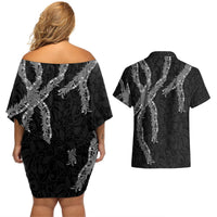 Hawaii Maile Lei Couples Matching Off Shoulder Short Dress and Hawaiian Shirt Aloha Grayscale Color LT03 - Polynesian Pride