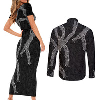 Hawaii Maile Lei Couples Matching Short Sleeve Bodycon Dress and Long Sleeve Button Shirt Aloha Grayscale Color