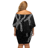 Hawaii Maile Lei Family Matching Off Shoulder Short Dress and Hawaiian Shirt Aloha Grayscale Color