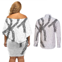 Hawaii Maile Lei Couples Matching Off Shoulder Short Dress and Long Sleeve Button Shirt Aloha The Grey Color LT03 - Polynesian Pride