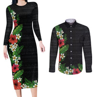 Hawaii Tropical Flowers and Leaves Couples Matching Long Sleeve Bodycon Dress and Long Sleeve Button Shirt Tapa Pattern Colorful Mode