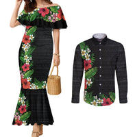 Hawaii Tropical Flowers and Leaves Couples Matching Mermaid Dress and Long Sleeve Button Shirt Tapa Pattern Colorful Mode LT03 Black - Polynesian Pride