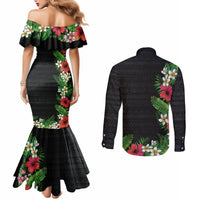 Hawaii Tropical Flowers and Leaves Couples Matching Mermaid Dress and Long Sleeve Button Shirt Tapa Pattern Colorful Mode LT03 - Polynesian Pride