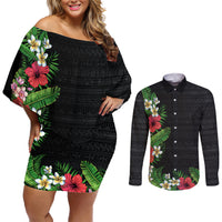 Hawaii Tropical Flowers and Leaves Couples Matching Off Shoulder Short Dress and Long Sleeve Button Shirt Tapa Pattern Colorful Mode LT03 Black - Polynesian Pride