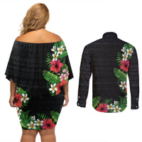 Hawaii Tropical Flowers and Leaves Couples Matching Off Shoulder Short Dress and Long Sleeve Button Shirt Tapa Pattern Colorful Mode LT03 - Polynesian Pride