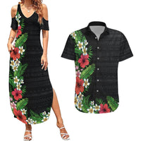 Hawaii Tropical Flowers and Leaves Couples Matching Summer Maxi Dress and Hawaiian Shirt Tapa Pattern Colorful Mode LT03 Black - Polynesian Pride