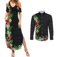 Hawaii Tropical Flowers and Leaves Couples Matching Summer Maxi Dress and Long Sleeve Button Shirt Tapa Pattern Colorful Mode LT03 Black - Polynesian Pride