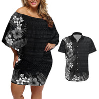 Hawaii Tropical Flowers and Leaves Couples Matching Off Shoulder Short Dress and Hawaiian Shirt Tapa Pattern Grayscale Mode LT03 Grayscale - Polynesian Pride