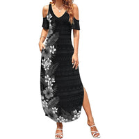Hawaii Tropical Flowers and Leaves Summer Maxi Dress Tapa Pattern Grayscale Mode LT03 Women Grayscale - Polynesian Pride