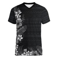 Hawaii Tropical Flowers and Leaves Women V-Neck T-Shirt Tapa Pattern Grayscale Mode