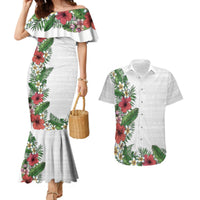 Hawaii Tropical Flowers and Leaves Couples Matching Mermaid Dress and Hawaiian Shirt Tapa Pattern White Mode LT03 White - Polynesian Pride