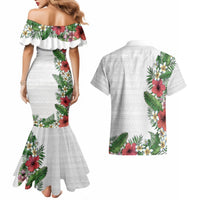 Hawaii Tropical Flowers and Leaves Couples Matching Mermaid Dress and Hawaiian Shirt Tapa Pattern White Mode LT03 - Polynesian Pride