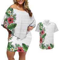 Hawaii Tropical Flowers and Leaves Couples Matching Off Shoulder Short Dress and Hawaiian Shirt Tapa Pattern White Mode LT03 White - Polynesian Pride