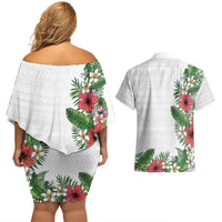 Hawaii Tropical Flowers and Leaves Couples Matching Off Shoulder Short Dress and Hawaiian Shirt Tapa Pattern White Mode