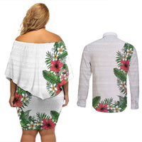 Hawaii Tropical Flowers and Leaves Couples Matching Off Shoulder Short Dress and Long Sleeve Button Shirt Tapa Pattern White Mode LT03 - Polynesian Pride