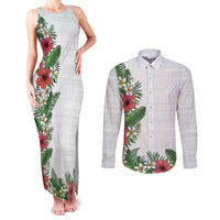 Hawaii Tropical Flowers and Leaves Couples Matching Tank Maxi Dress and Long Sleeve Button Shirt Tapa Pattern White Mode