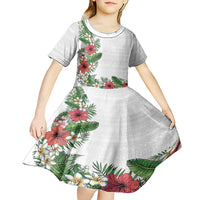 Hawaii Tropical Flowers and Leaves Kid Short Sleeve Dress Tapa Pattern White Mode