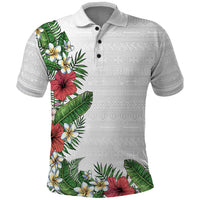 Hawaii Tropical Flowers and Leaves Polo Shirt Tapa Pattern White Mode