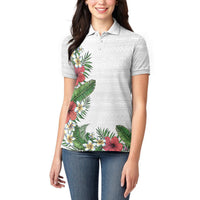 Hawaii Tropical Flowers and Leaves Women Polo Shirt Tapa Pattern White Mode