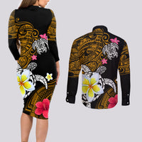 Hawaii Turtle and Tropical Flower Couples Matching Long Sleeve Bodycon Dress and Long Sleeve Button Shirt Polynesian Pattern