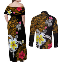 Hawaii Turtle and Tropical Flower Couples Matching Off Shoulder Maxi Dress and Long Sleeve Button Shirt Polynesian Pattern