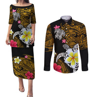 Hawaii Turtle and Tropical Flower Couples Matching Puletasi and Long Sleeve Button Shirt Polynesian Pattern LT03 Black - Polynesian Pride