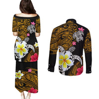 Hawaii Turtle and Tropical Flower Couples Matching Puletasi and Long Sleeve Button Shirt Polynesian Pattern LT03 - Polynesian Pride