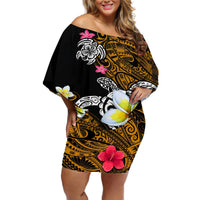 Hawaii Turtle and Tropical Flower Off Shoulder Short Dress Polynesian Pattern LT03 Women Black - Polynesian Pride